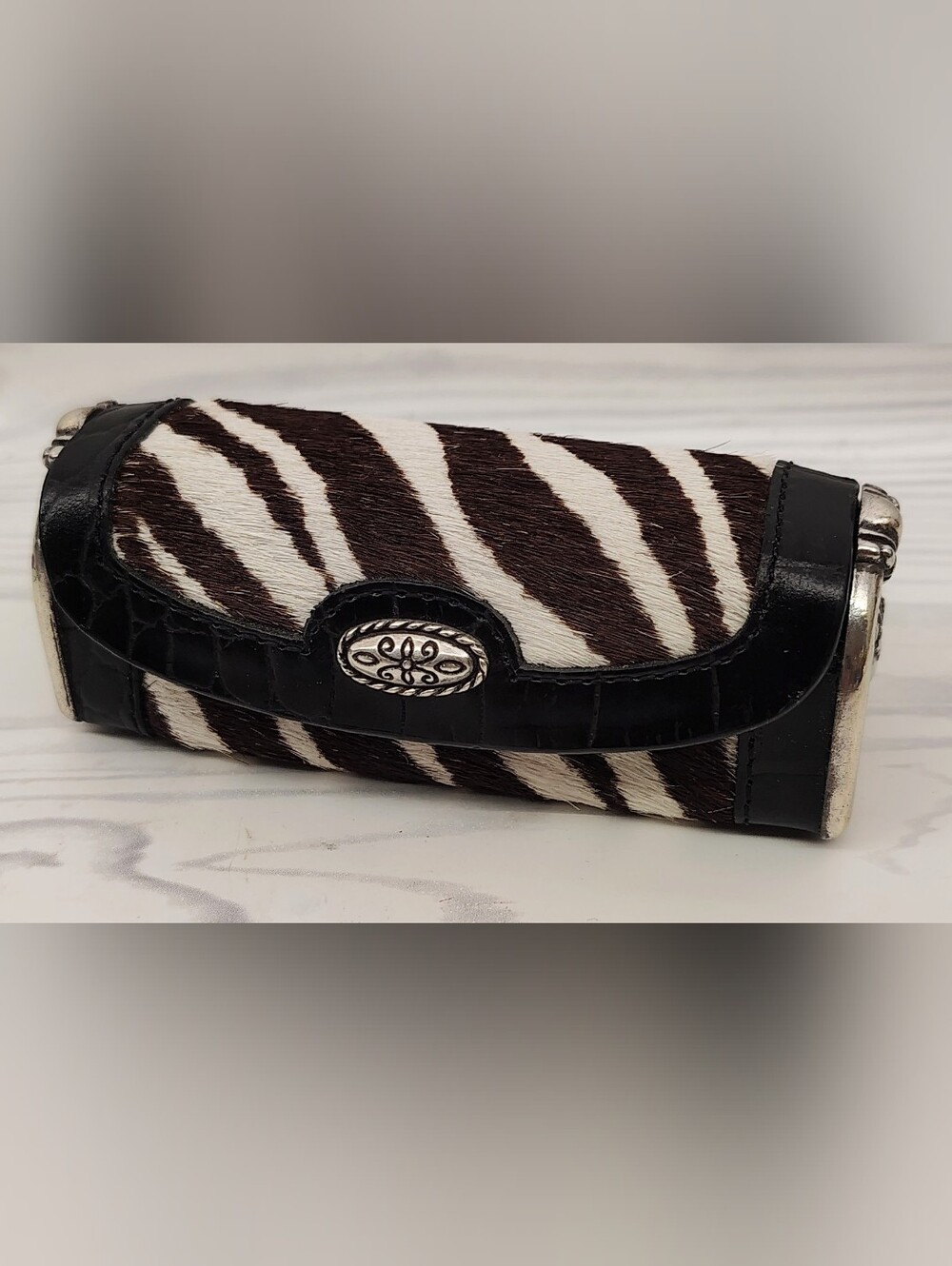 Zebra Print Haircalf Lipstick Case with Silver Trim